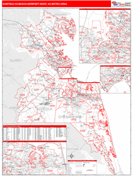 Norfolk-Va. Beach-Newport News Metro Area Wall Map Red Line Style 2025